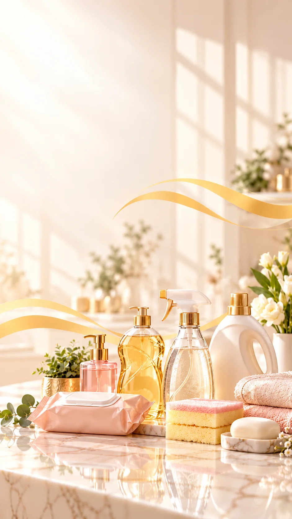 Household and personal-care essentials arranged on a sunlit marble counter.