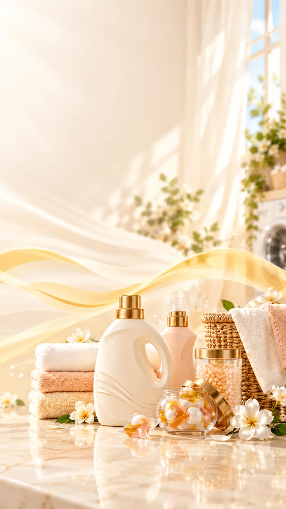 Laundry detergent, capsules and scent beads beside folded towels in a bright laundry room.