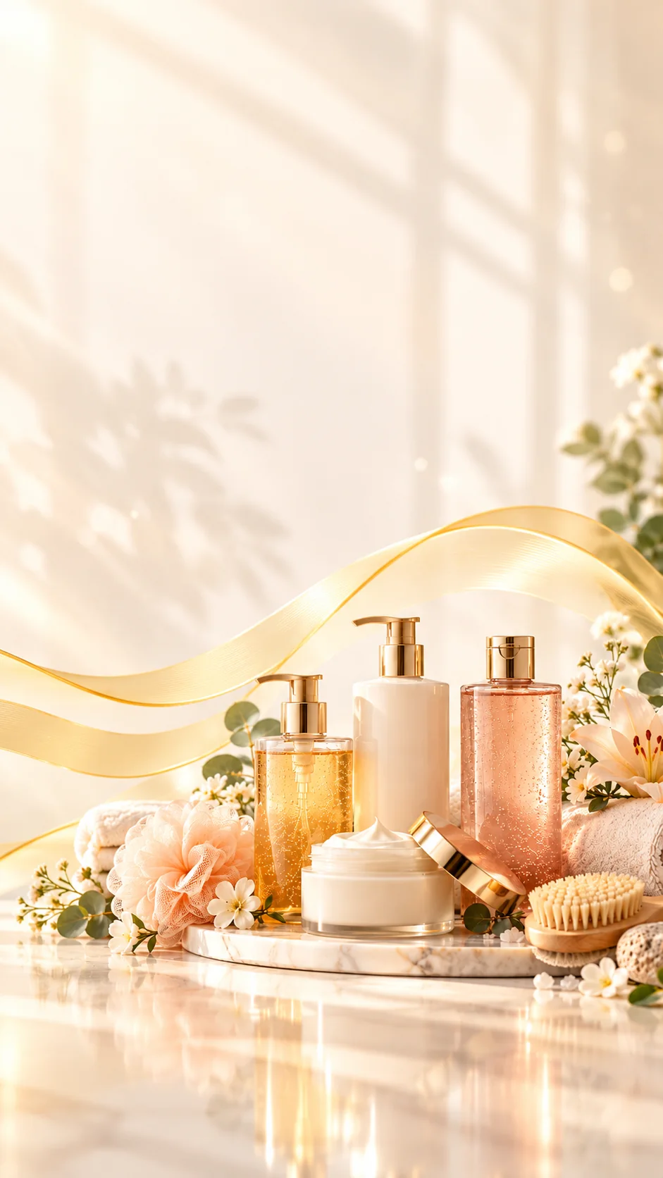 Bath and body products on a marble tray with a soft towel and fresh flowers.