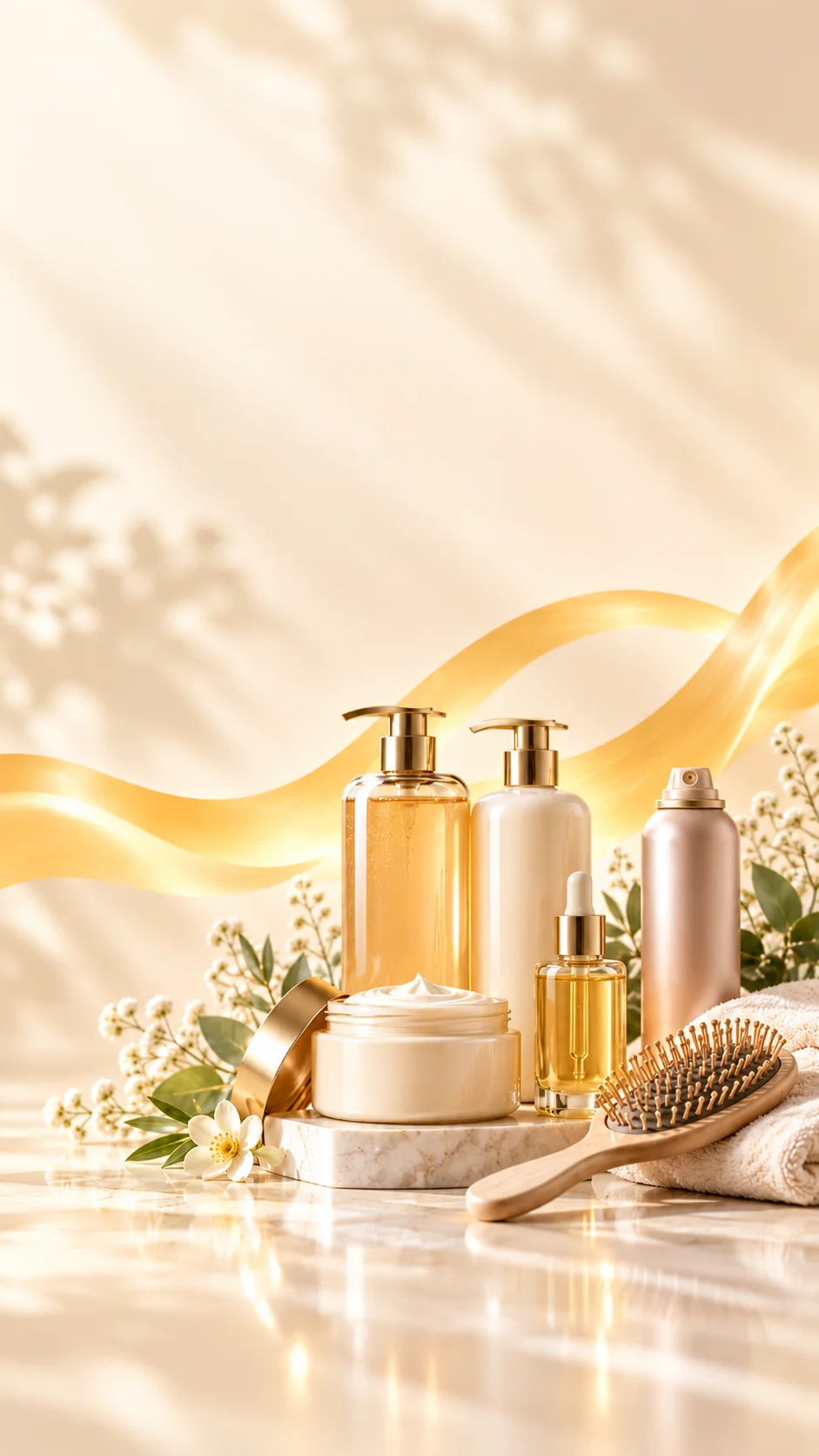 Shampoo, serum and hair-care products beside a wooden brush on a warm marble surface.